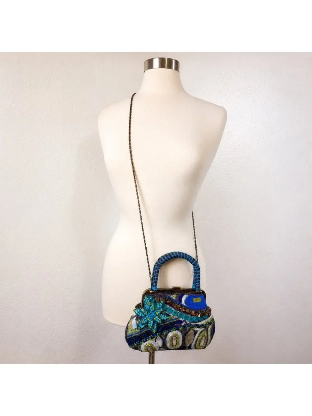 Chico's Beaded Evening Bag Blue Purple Floral Embellished Top Handle Purse - Picture 12 of 16